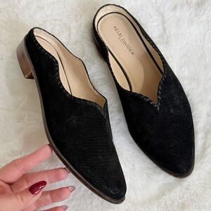 KELSI DAGGER 10 Adly Black Suede Mules in Black • Lizard Embossed Slides Flats